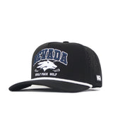 Introducing the Nevada Wolf Pack Golf Hat - Black by No Rivals: This stylish black snapback hat showcases “Nevada” and “Wolf Pack Golf” embroidered in crisp white and blue, complemented by an embroidered wolf logo on the front. The NR branding adorns the side for added flair. Designed for an ideal gameday fit, it features a snapback closure for customizable comfort.