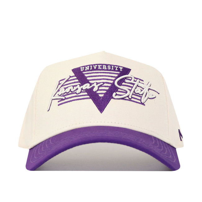 The Kansas State Triangle Game Cap Hat by No Rivals is a cream-colored, structured cotton snapback with a purple brim and Kansas State University embroidered in purple and white on the front.