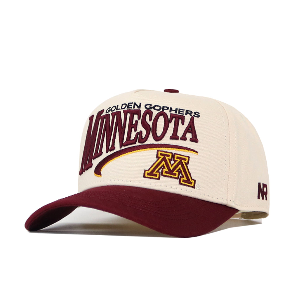 The No Rivals Minnesota Golden Gopher Stride Hat is a cream and maroon snapback cap featuring officially licensed embroidered Minnesota Golden Gophers and University of Minnesota M logos on the front for an authentic look.