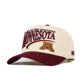 The No Rivals Minnesota Golden Gopher Stride Hat is a cream and maroon snapback cap featuring officially licensed embroidered Minnesota Golden Gophers and University of Minnesota M logos on the front for an authentic look.
