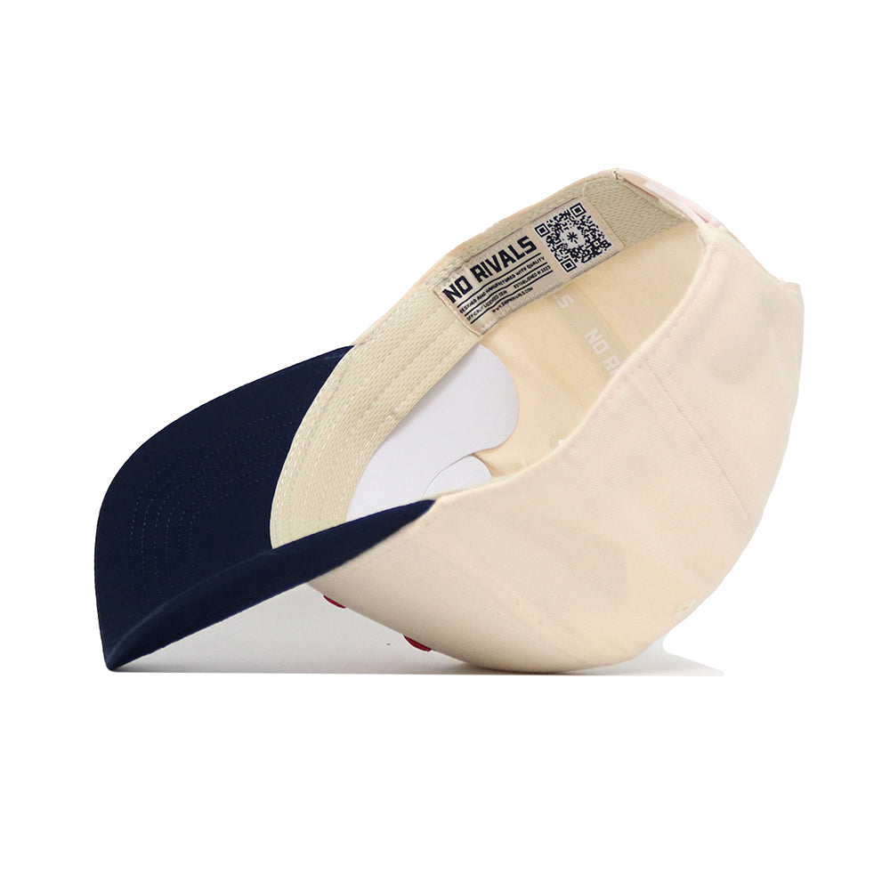 The Illinois Logo Patch Hat by No Rivals is shown inside out, revealing inner labels, a NO RIVALS tag, a visible QR code, stitching details, and hints of 3D embroidery on its cotton blend fabric.