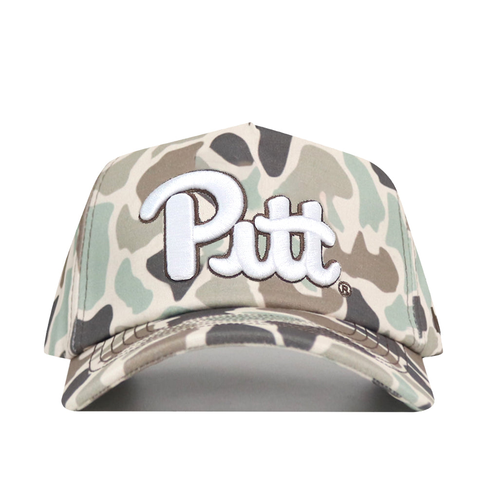 The No Rivals Pittsburgh Panthers Huntsman Hat is a camouflage baseball cap with “Pitt” embroidered in bold white letters on the front, offering a structured fit and a classic snapback closure for adjustable comfort.