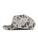 The Pittsburgh Panthers Huntsman Hat by No Rivals is a camouflage-patterned snapback with white embroidered letters on the front and brown NR initials stitched on the side, viewed from the left. This hat features a structured fit and is crafted from durable cotton material.