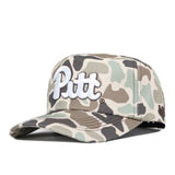 The Pittsburgh Panthers Huntsman Hat by No Rivals features a camouflage pattern and “Pitt” embroidered in white letters on the front. Made from high-quality cotton, this Snap Back Hat is officially licensed to showcase authentic team pride.
