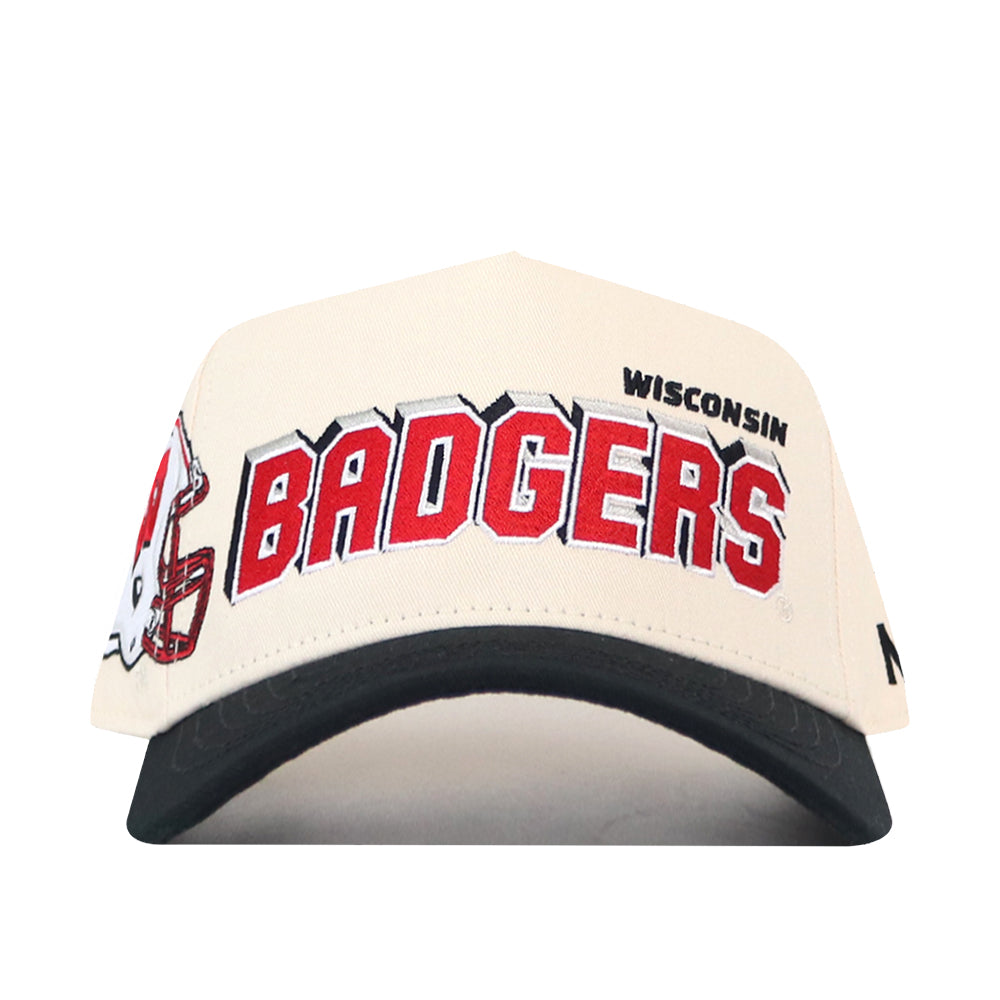 Introducing the No Rivals Wisconsin Alma Mater Hat—a white and black snapback featuring “WISCONSIN BADGERS” in bold red and black lettering, accented with an embroidered football helmet graphic on the left side. Crafted from high-quality cotton, this hat showcases premium embroidered logos for an upscale look and feel.