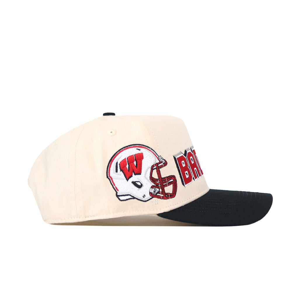No Rivals Wisconsin Alma Mater Hat: A beige snapback hat with a black brim, featuring officially licensed embroidered logos—a football helmet with a red “W” on the front and “Badgers” in red text on the side.