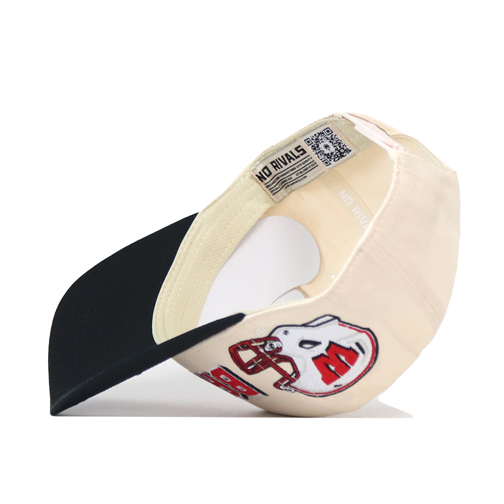 A cream-colored No Rivals Wisconsin Alma Mater Hat turned inside out, displaying the black bill, interior tags, and officially licensed embroidered logos. The exterior features a red and white football helmet patch next to a bold red 98 patch.