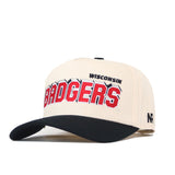 The Wisconsin Alma Mater Hat by No Rivals is a cream snapback with a black brim, featuring bold red and black embroidered WISCONSIN BADGERS logos on the front, and is crafted from high-quality cotton for lasting comfort and durability.