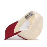 The Iowa State Cyclones Stride Hat by No Rivals is showcased from the back and inside, highlighting its inner label, QR code, embroidered logos, and detailed stitching. Featuring a maroon brim and a cream-colored body, this snapback is the perfect addition to your gameday fit.