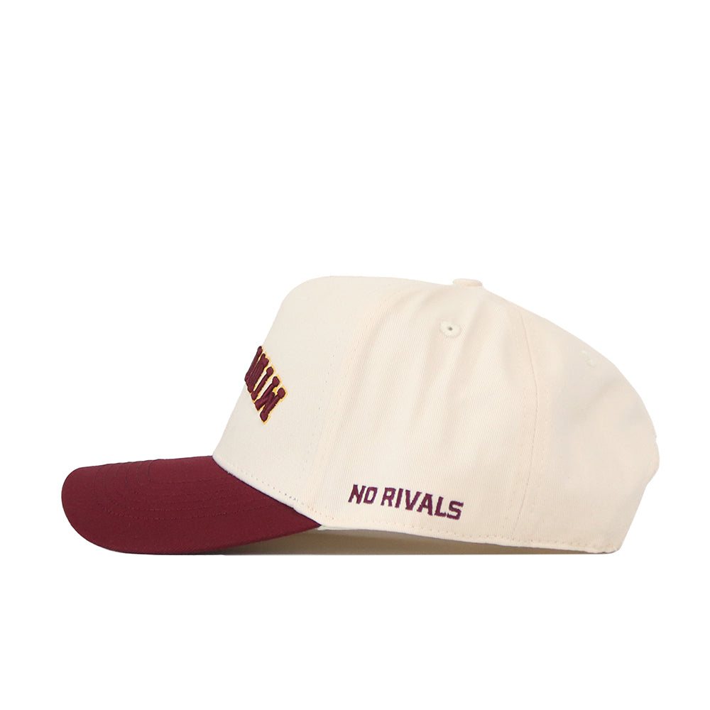 Show your team spirit with the Minnesota Golden Gophers | Upside Down Minnesota Hat - Classic by No Rivals. This cream snapback baseball cap features a maroon brim and “NO RIVALS” embroidered in maroon on the side—an ideal accessory for any Minnesota Golden Gophers fan.