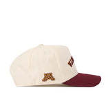 The No Rivals Minnesota Golden Gophers Upside Down Minnesota Hat - Classic is a cream-colored snapback baseball cap with a maroon brim, featuring a maroon and gold “M” logo on the side and partially visible maroon text on the front.