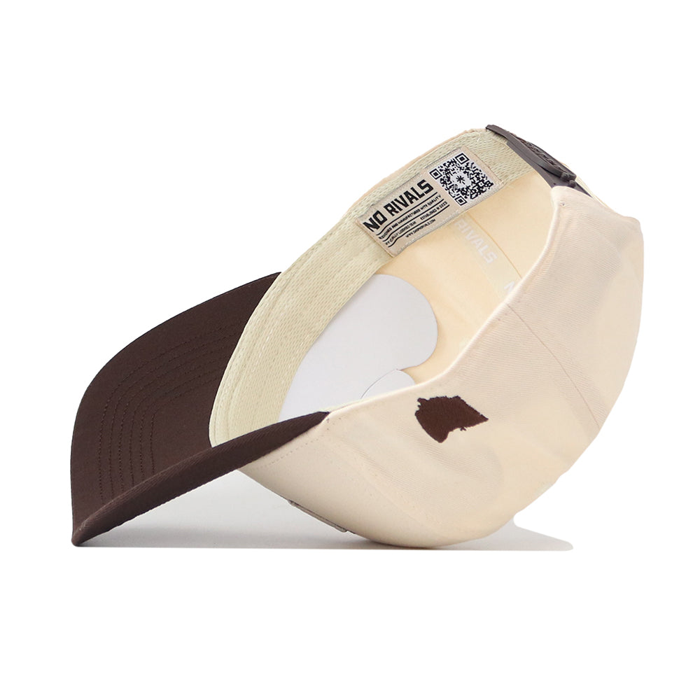 The Bowling Green State Falcons Espresso Hat by No Rivals is shown upside down, revealing the inside label with the No Rivals text, a visible QR code on the inner band, and an embroidered logo for an officially licensed look.