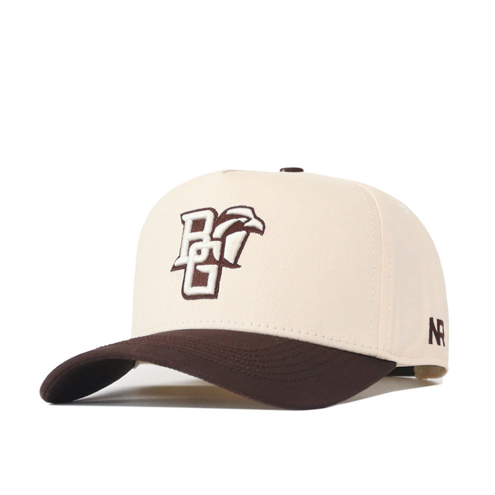A beige and brown Bowling Green State Falcons Espresso Hat by No Rivals, featuring a snapback design with a stylized BG and an embroidered falcon logo on the front. The bill is brown, and the NR branding appears on the side.