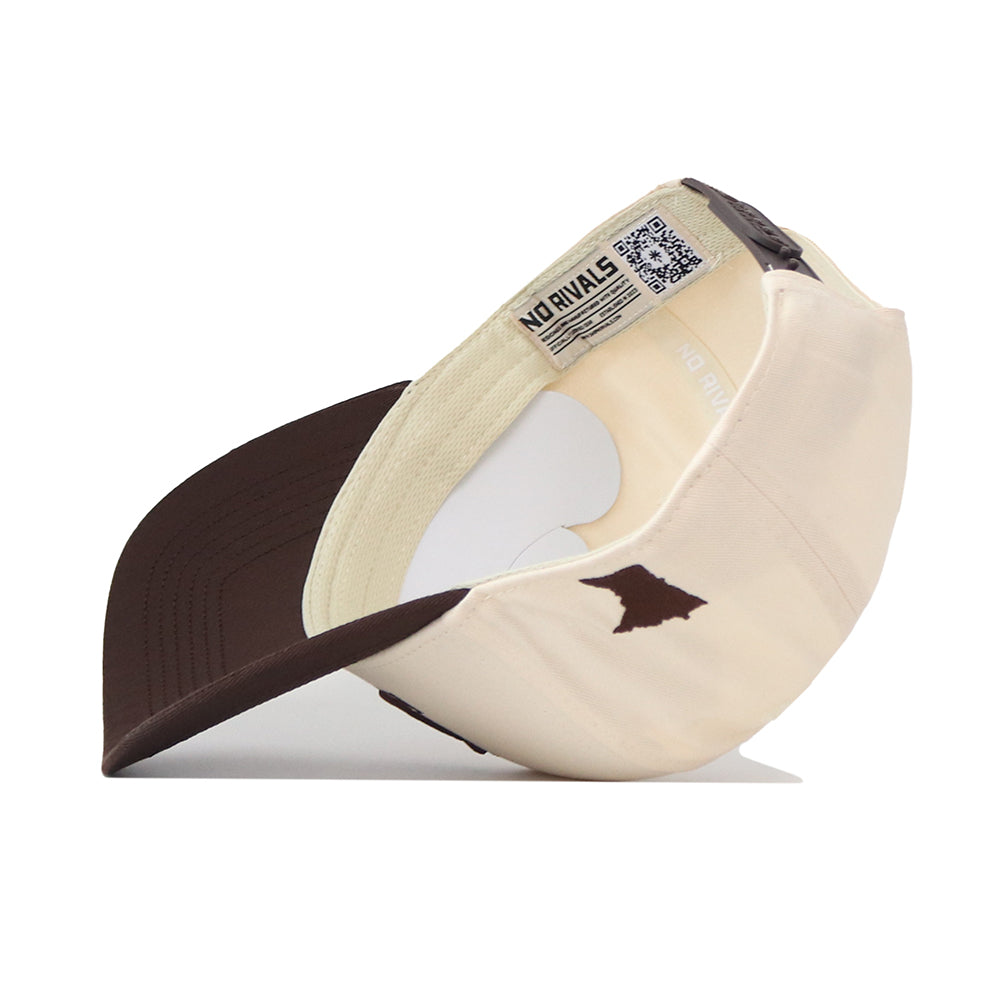A Minnesota Gophers Espresso Hat by No Rivals is shown flipped inside out, highlighting its inner label, QR code, and an officially licensed embroidered dark brown gopher logo on the front.
