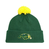 Stay warm on gameday with the North Dakota State Bison Logo Beanie from No Rivals—a green knit hat accented by a yellow pom-pom and an embroidered NDSU Bison logo on the cuff. Made from a high-quality cotton blend for lasting comfort and style.