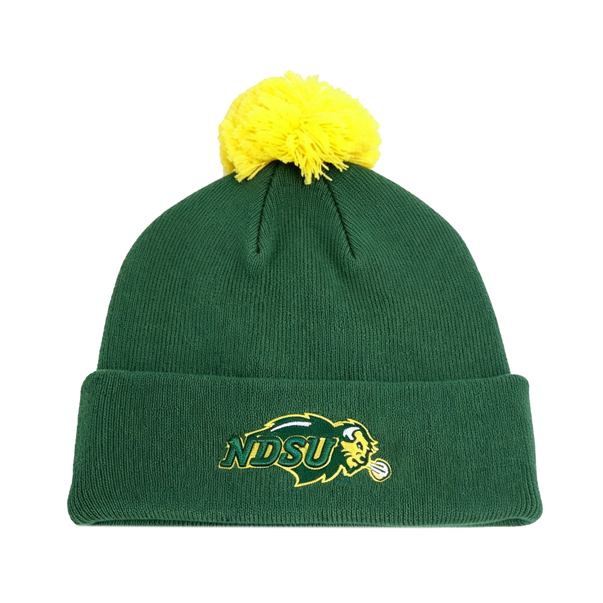 Stay warm on gameday with the North Dakota State Bison Logo Beanie from No Rivals—a green knit hat accented by a yellow pom-pom and an embroidered NDSU Bison logo on the cuff. Made from a high-quality cotton blend for lasting comfort and style.