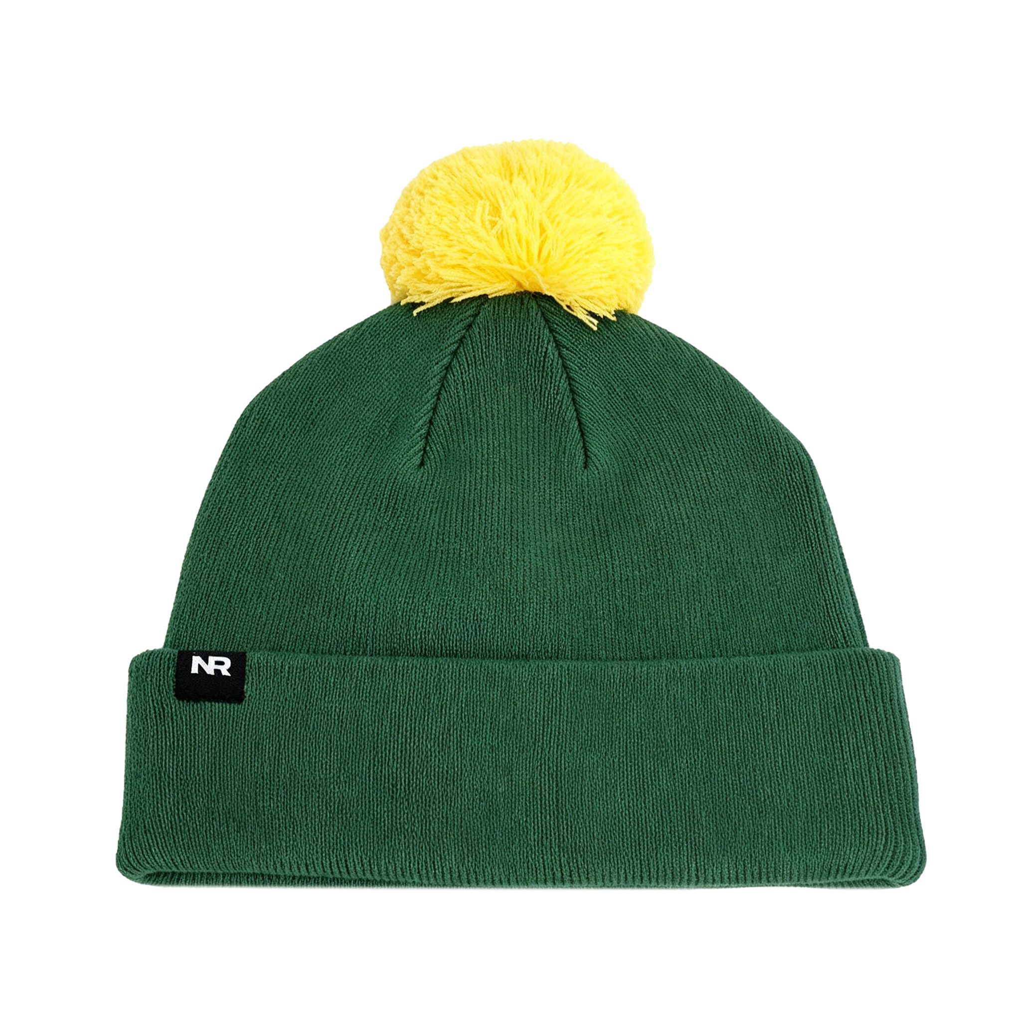 The North Dakota State Bison Logo Beanie by No Rivals is a green knit hat featuring a folded brim, a large yellow pom-pom on top, and crafted from a high-quality cotton blend for exceptional comfort. A small black tag with white “NR” lettering is attached to the brim.