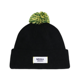 The North Dakota State Bison Patch Beanie by No Rivals is an officially licensed black knit beanie featuring a green and yellow pom-pom on top and a patch reading “NDSU BISON” on the folded brim, crafted from a high-quality cotton blend for comfort and durability.