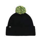 The North Dakota State Bison Patch Beanie by No Rivals is a black knit beanie crafted from a high-quality cotton blend, featuring a green and yellow pom-pom on top and a small black cuff label with white “NR” embroidery.