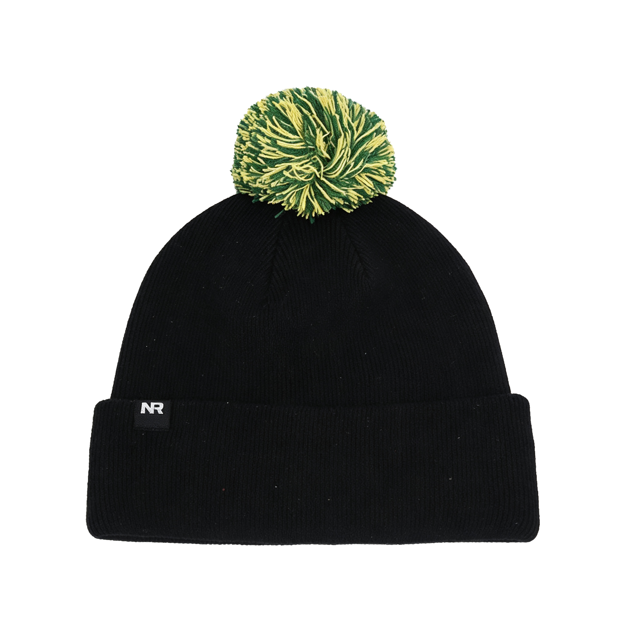 The North Dakota State Bison Patch Beanie by No Rivals is a black knit beanie crafted from a high-quality cotton blend, featuring a green and yellow pom-pom on top and a small black cuff label with white “NR” embroidery.