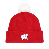 The No Rivals Wisconsin Badger Logo Beanie features a red knit design with a white pom-pom on top and a white embroidered “W” logo on the front cuff, crafted from a high-quality cotton blend for comfort and durability.