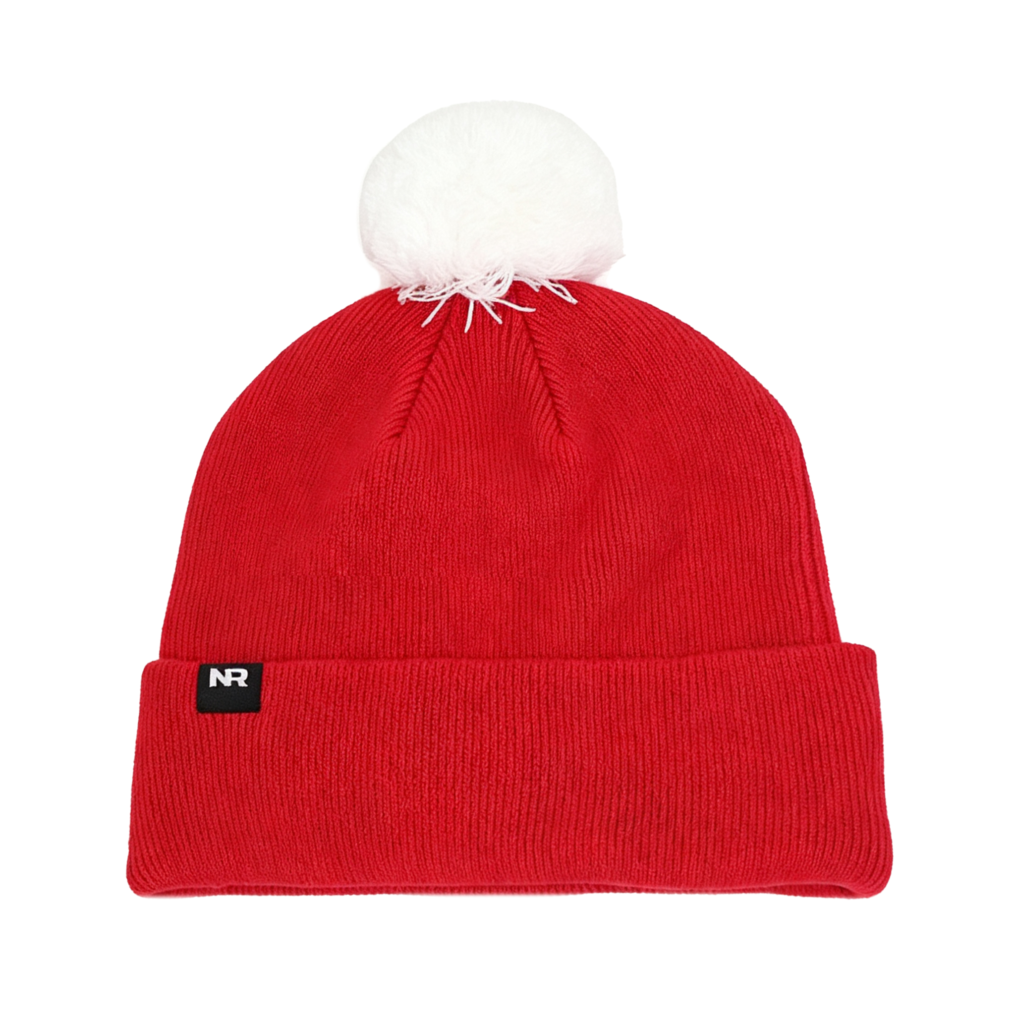The No Rivals Wisconsin Badger Logo Beanie is a red knit hat made from a high-quality cotton blend. It features a white pom-pom on top and a small black patch with white “NR” letters embroidered on the folded brim, shown against a white background.