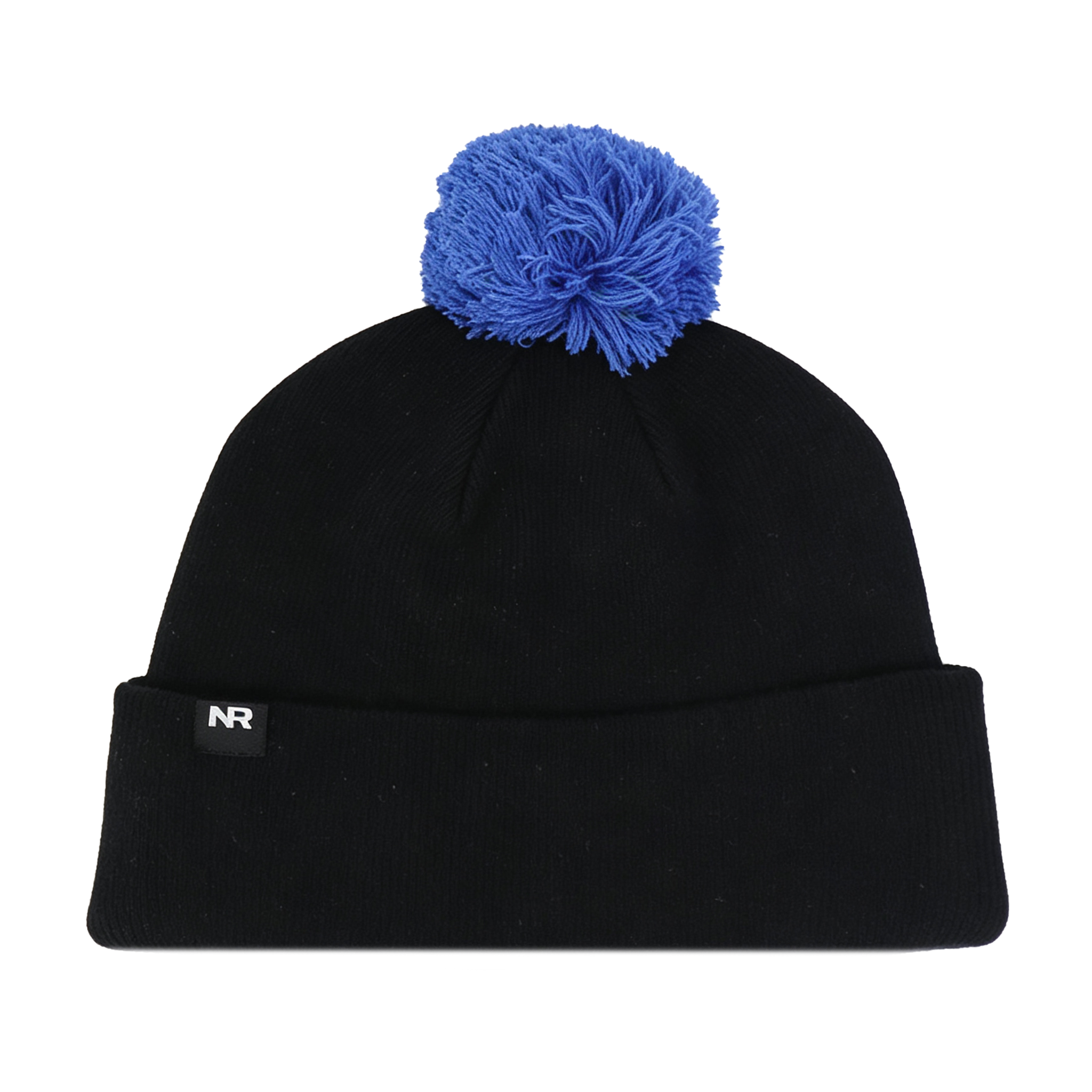 The Boise State Broncos Patch Beanie by No Rivals is a black beanie with a blue pom-pom and a small black tag featuring white NR lettering on the cuff, showcasing an officially licensed embroidered Boise State logo—all set against a plain white background for your perfect Gameday Fit.