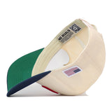 Off-white USA Vintage Hat - 5 Panel Structured with a green brim, snap back closure, a small US flag patch on the side, and an interior label with a QR code.