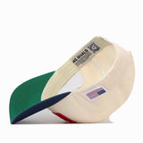 Off-white No Rivals USA Vintage Hat - 6 Panel Structured, a six-panel embroidered cotton cap with a green and navy bill, an American flag patch on the side, and internal branded tags and QR code visible.