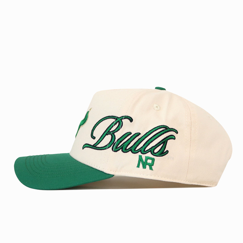 Off-white USF Halftime Hat snapback with a green brim and the word Bulls embroidered in green script on the side.