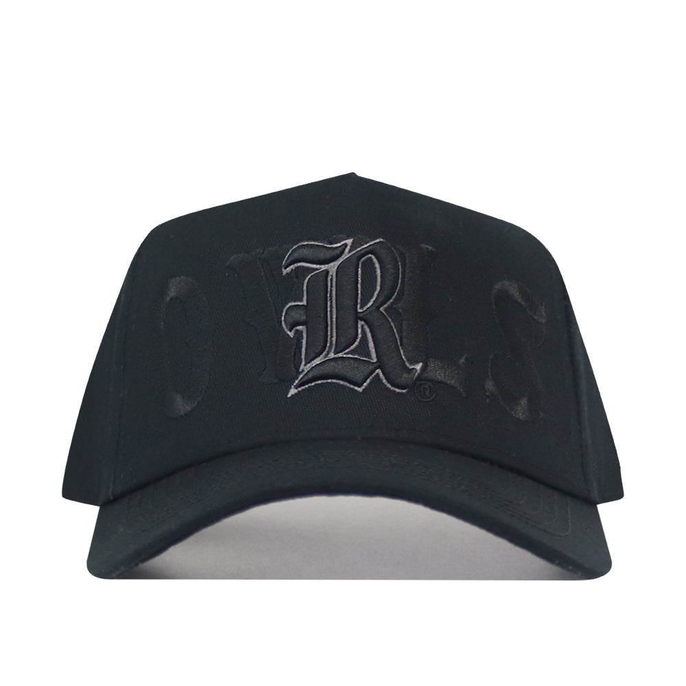 Rice Night Mode Hat: black snapback featuring an embroidered gothic-style letter R on the front in a blackout colorway.