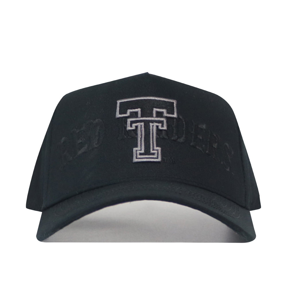 Texas Tech Night Mode Hat, a blackout snapback baseball cap featuring a grey embroidered Texas Tech logo on the front panel.
