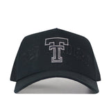 Texas Tech Night Mode Hat, a blackout snapback baseball cap featuring a grey embroidered Texas Tech logo on the front panel.