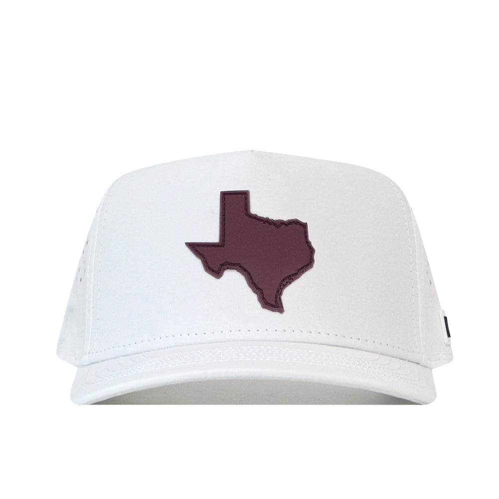 White structured fit State of Texas Performance Hat - Maroon featuring an embroidered maroon cutout of the state of Texas on the front.