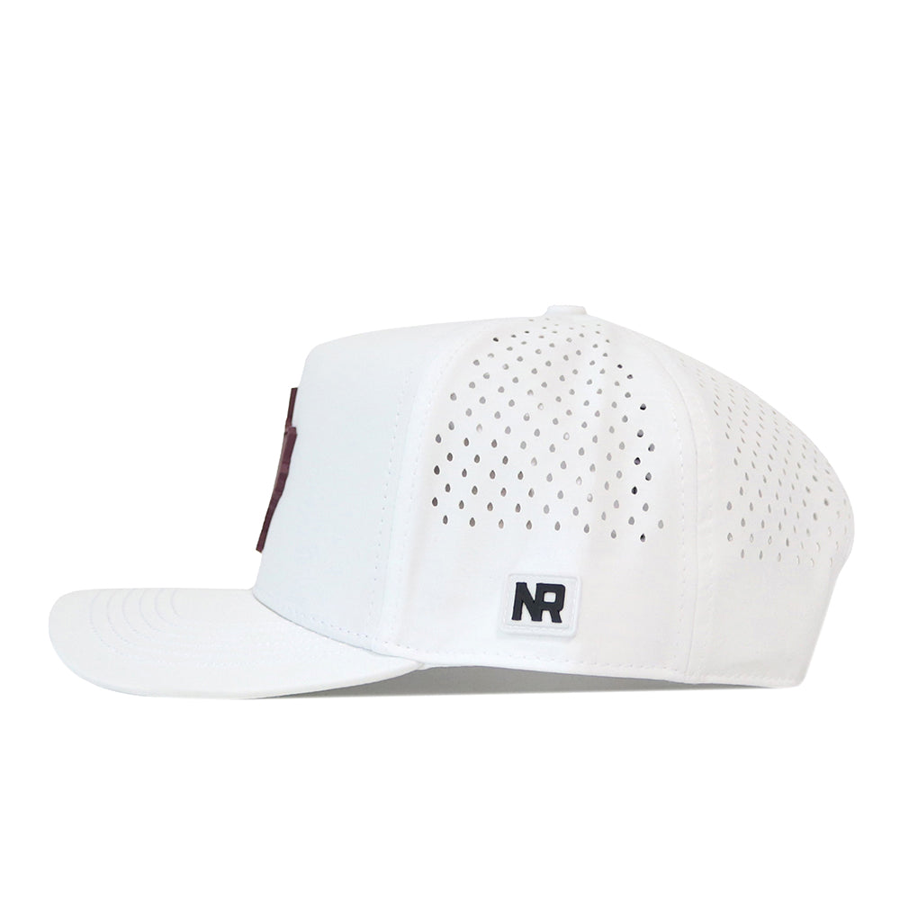 Side view of a white State of Texas Performance Hat - Maroon with perforated side panels and a dark logo patch on the side.