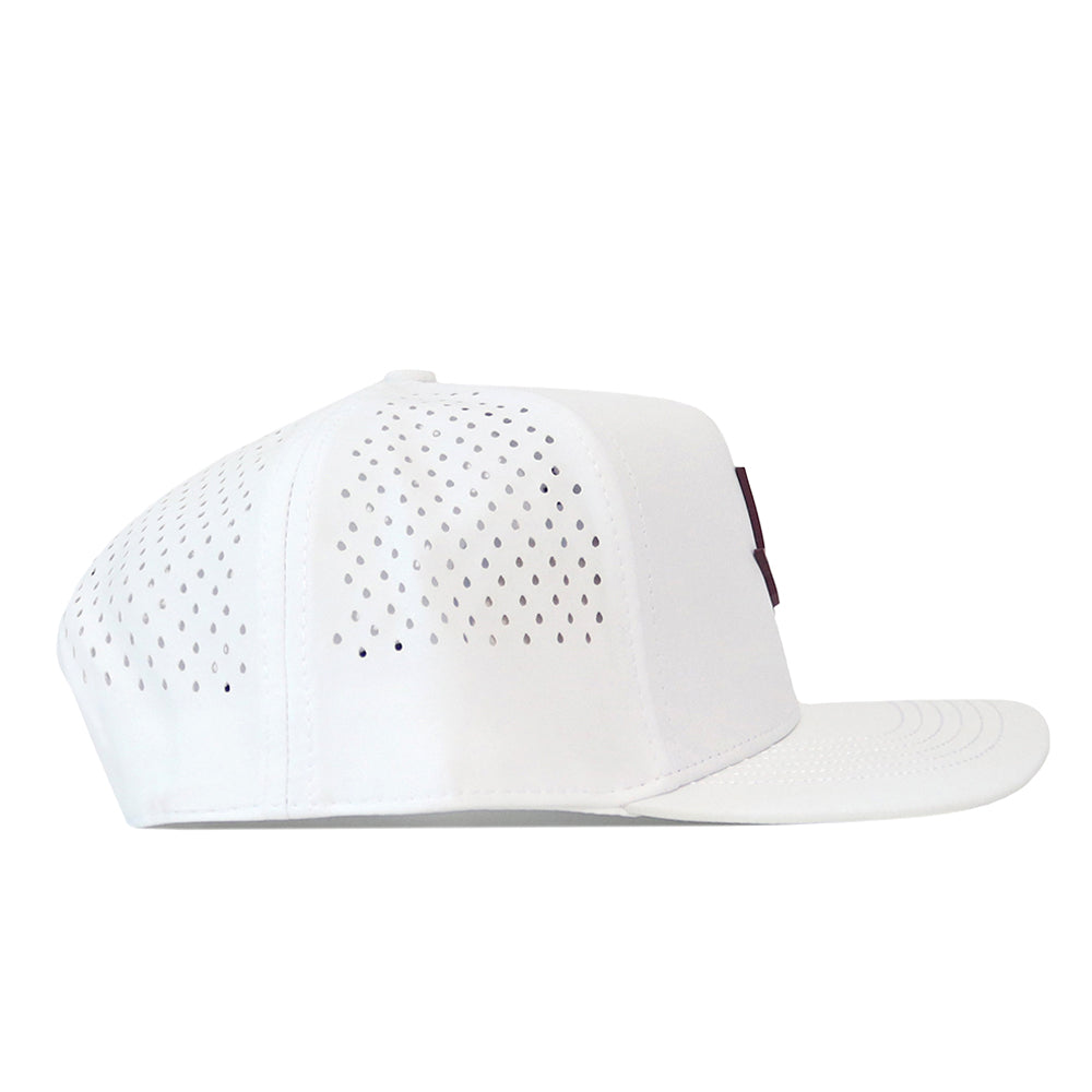 Side view of a white State of Texas Performance Hat - Maroon with a perforated crown and a maroon logo patch on the front.
