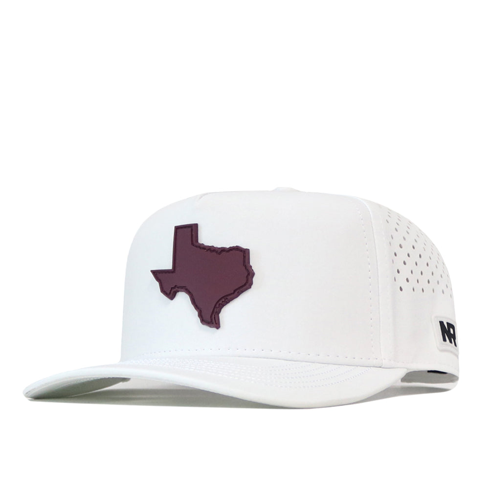 White State of Texas Performance Hat - Maroon with an embroidered maroon map of Texas patch on the front.