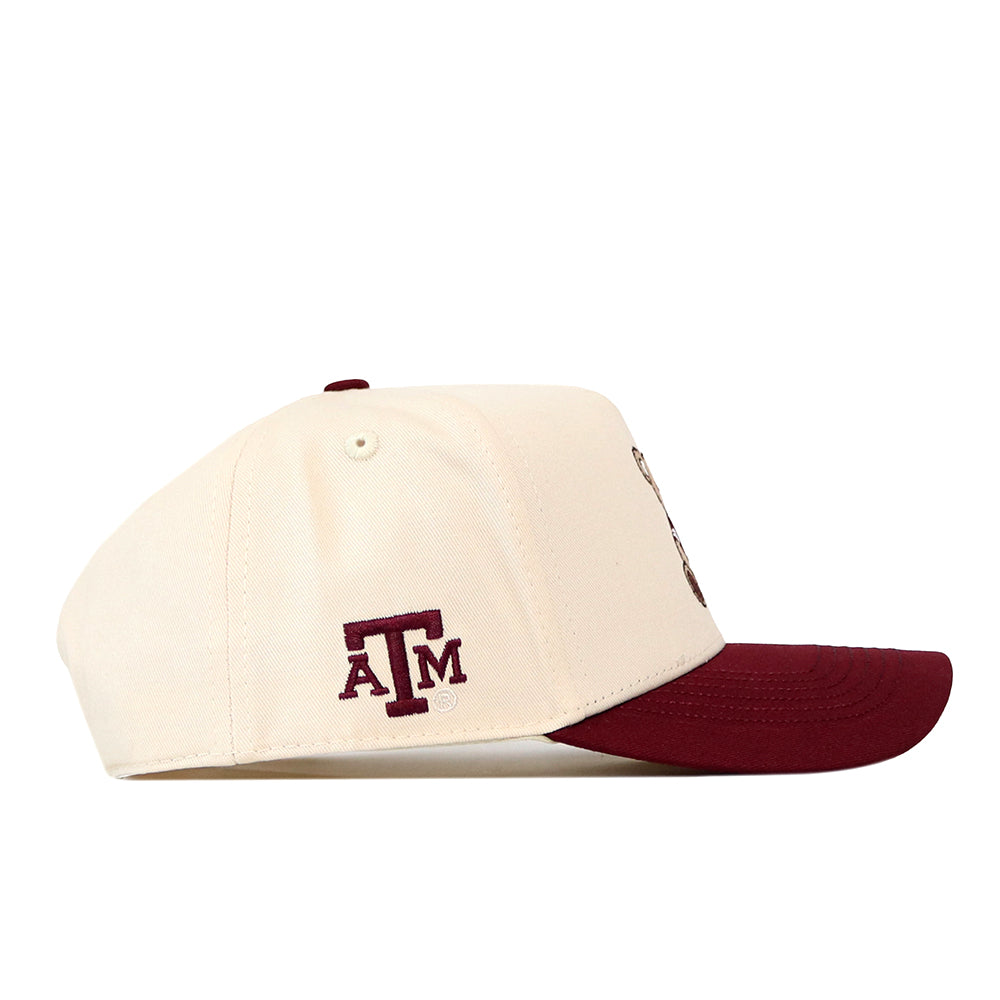Off-white Texas A&M Bear Hat - 5 Panel Structured featuring a maroon brim and an embroidered maroon A&M logo on the side.