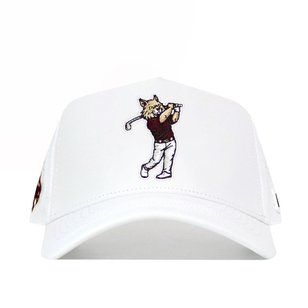 The No Rivals Texas State Golf Hat - White is a snapback with embroidered graphics of a cartoon cat in a maroon shirt swinging a golf club on the front.