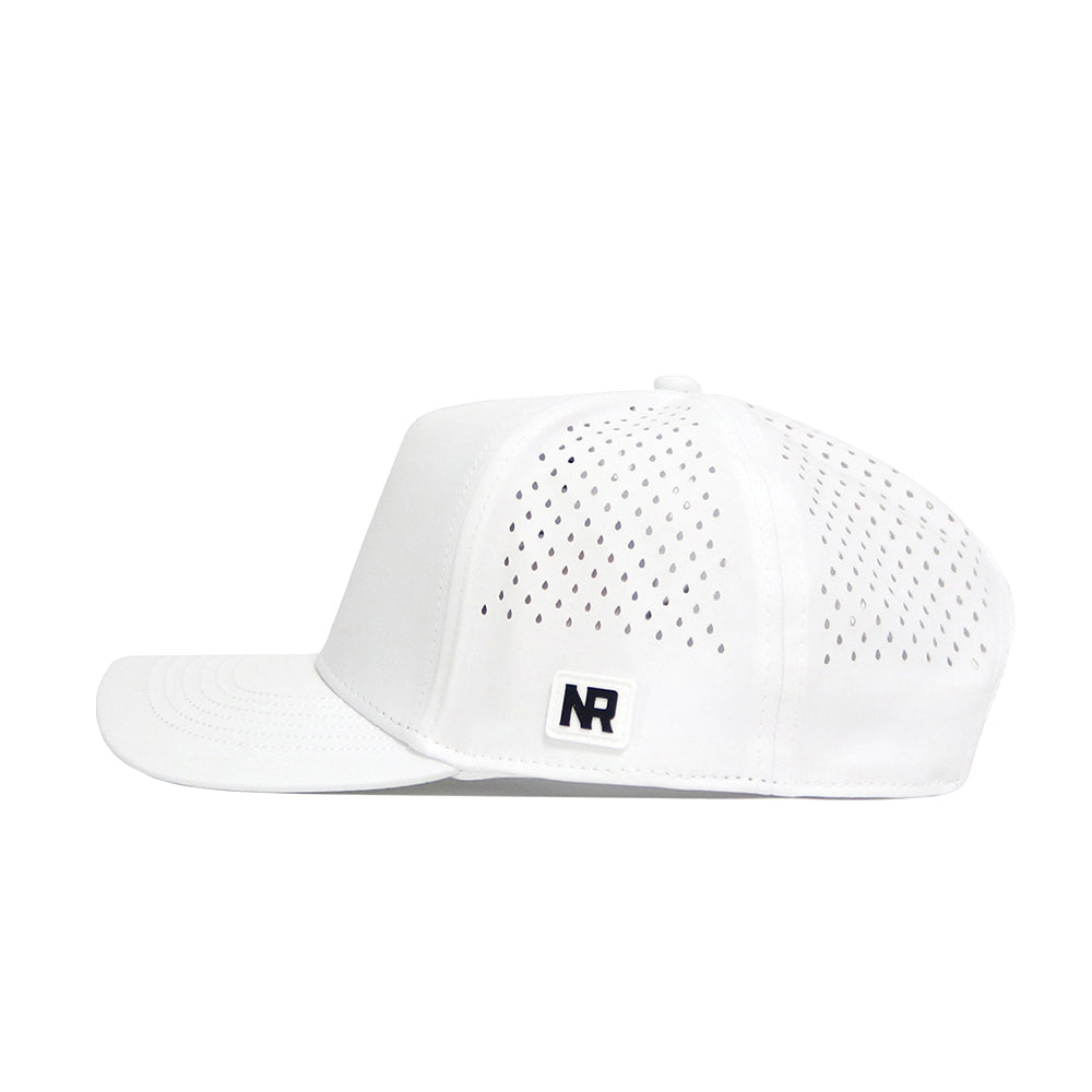 The No Rivals Texas State Golf Hat in white is a snapback cap with a flat brim, side and back ventilation holes, and a small rectangular NR patch on the left—ideal for golfing.