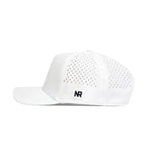 The No Rivals Texas State Golf Hat in white is a snapback cap with a flat brim, side and back ventilation holes, and a small rectangular NR patch on the left—ideal for golfing.