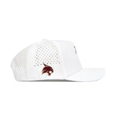 The No Rivals Texas State Golf Hat in white features small ventilation holes and an embroidered maroon and gold bobcat logo on the side, offering quality graphics for a sharp look, as viewed from the left.