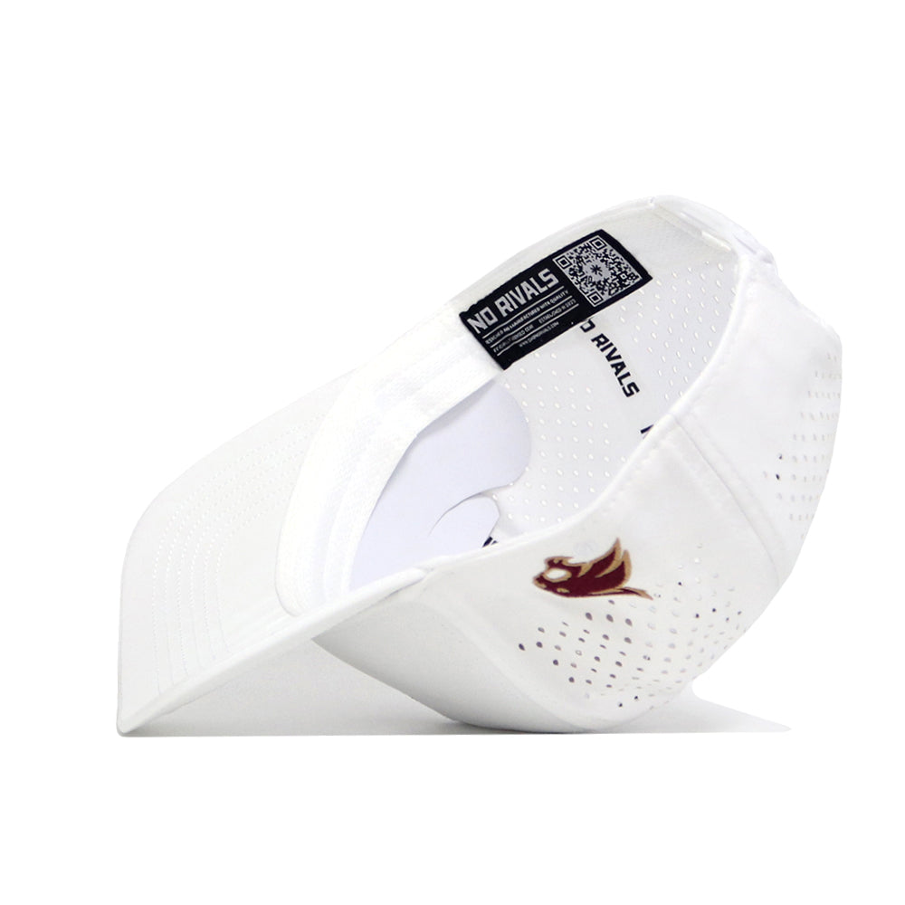 The No Rivals Texas State Golf Hat - White features inside labels, ventilation holes, a brown flame logo on the side, stylish embroidered graphics, and an adjustable snap back closure for a perfect fit.