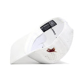 The No Rivals Texas State Golf Hat - White features inside labels, ventilation holes, a brown flame logo on the side, stylish embroidered graphics, and an adjustable snap back closure for a perfect fit.
