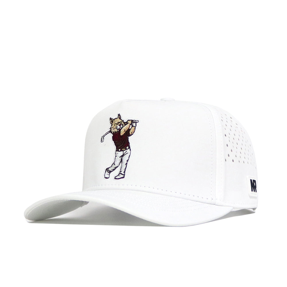 The No Rivals Texas State Golf Hat - White features embroidered graphics of a dog swinging a golf club, side ventilation holes, a curved brim, and an adjustable snap back for comfort.