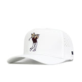The No Rivals Texas State Golf Hat - White features embroidered graphics of a dog swinging a golf club, side ventilation holes, a curved brim, and an adjustable snap back for comfort.