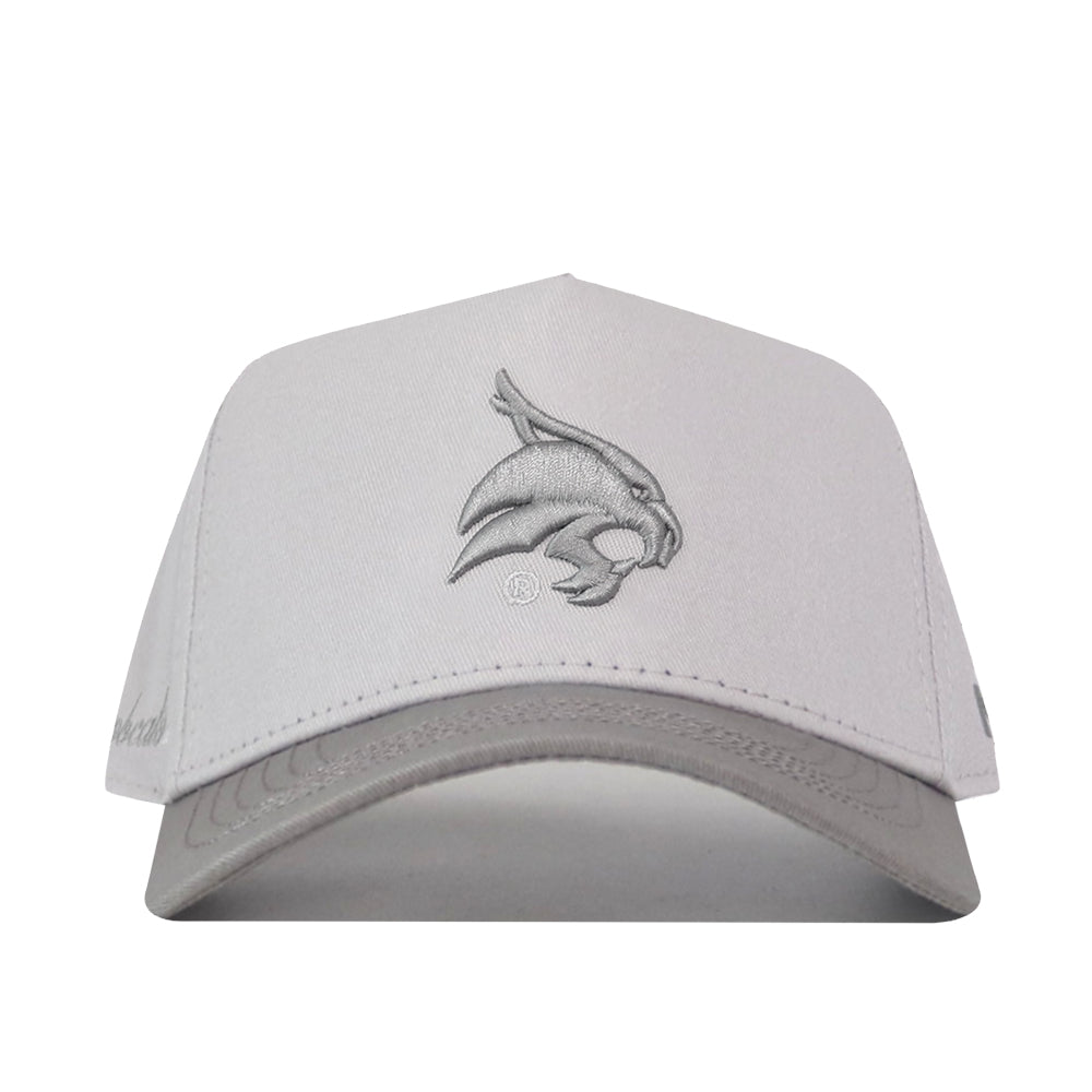 Texas State Graphite Hat in light gray with a darker gray brim and an embroidered bobcat mascot logo on the front.