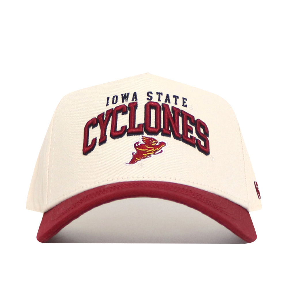 The No Rivals Iowa State Arch Hat is a cream-colored, officially licensed snapback with a red brim, featuring the Iowa State Cyclones and their mascot embroidered in red and yellow on the front.