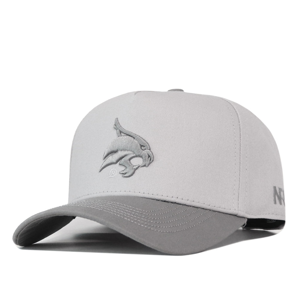 Texas State Graphite Hat, a light gray premium structured baseball cap with a dark gray brim and an embroidered bobcat mascot logo on the front.
