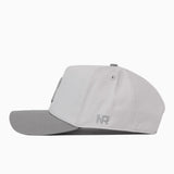 Side profile of a light gray Rice Graphite Hat, a premium structured baseball cap with a darker gray brim and embroidered graphics on the side.